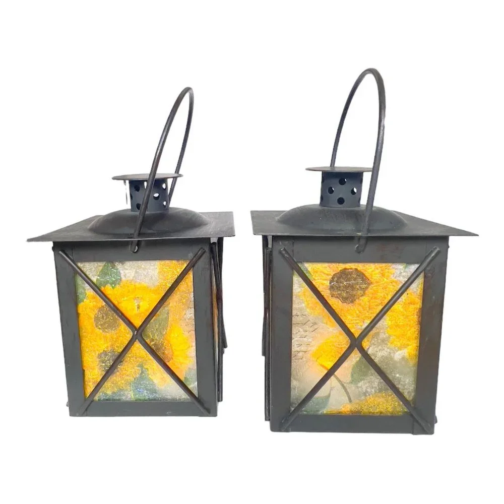 Artisan Crafted Metal Lantern Decoupaged Sunflower Paper Set of 2 One of a Kind